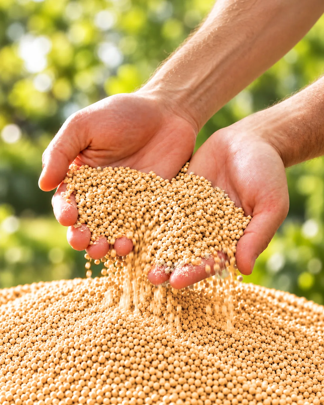 Two cupped hands letting Naturion granulate run through their fingers onto a heap of it.